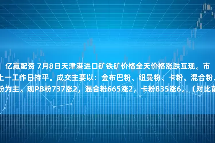 亿赢配资 7月8日天津港进口矿铁矿价格全天价格涨跌互现。市场交投氛围尚可，成交笔数较上一工作日持平。成交主要以：金布巴粉、纽曼粉、卡粉、混合粉、超特粉为主。现PB粉737涨2，混合粉665涨2，卡粉835涨6。（对比前一工作日晚间价格；单位：元/湿吨）